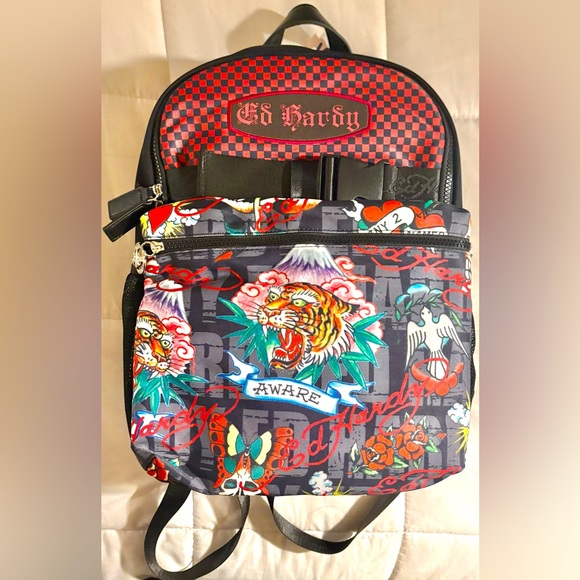 ED HARDY Tattoo Screaming Tiger Large Skate Red Checker Skull Y2K Backpack NWT - Picture 1 of 8